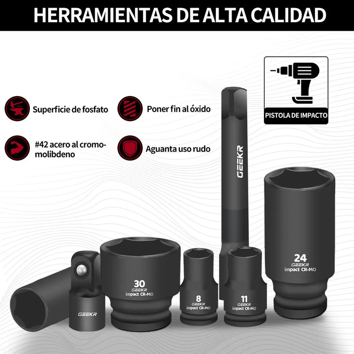 GEEKR JUEGO MECÁNICO 42PZ 1/2  8-32MM DADOS ALTO IMPACTO AUTOCLE INDUSTRIAL MATRACA PESADO ROJO GRADO B