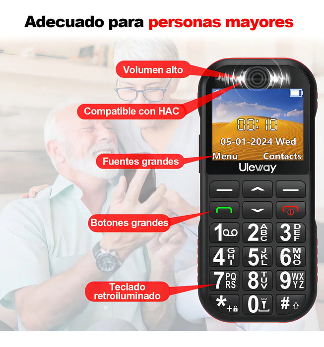 ULEWAY TELEFONO MOVIL PARA ADULTOS MAYORES, 4G LTE, BOTON SOS, BOTONES GRANDES, TECLADO ILUMINADO, VOLUMEN ALTO, LINTERNA, FM, RESISTENTE, 1800MAH, NEGRO GRADO B