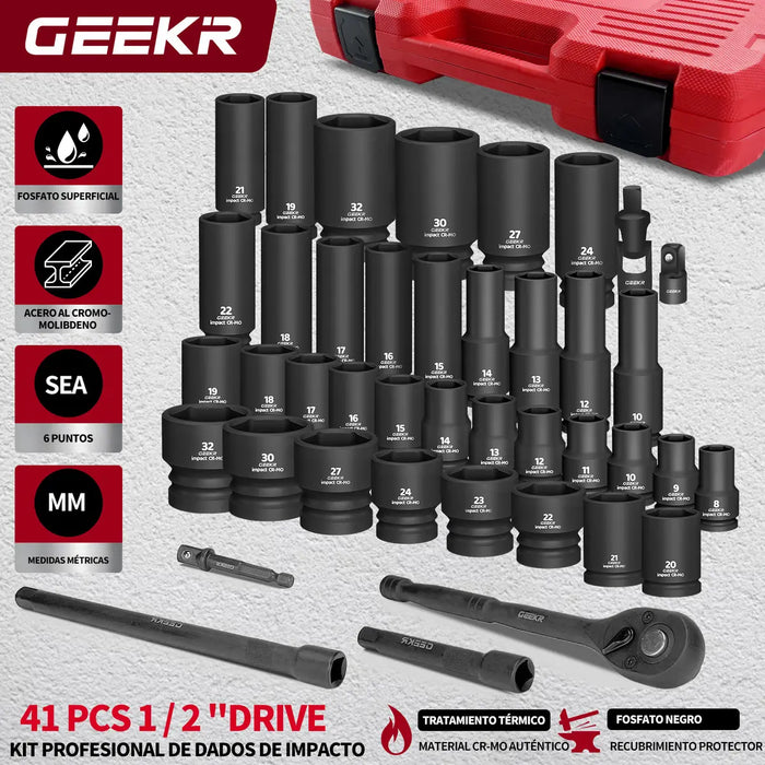 GEEKR JUEGO MECÁNICO 42PZ 1/2  8-32MM DADOS ALTO IMPACTO AUTOCLE INDUSTRIAL MATRACA PESADO ROJO GRADO B