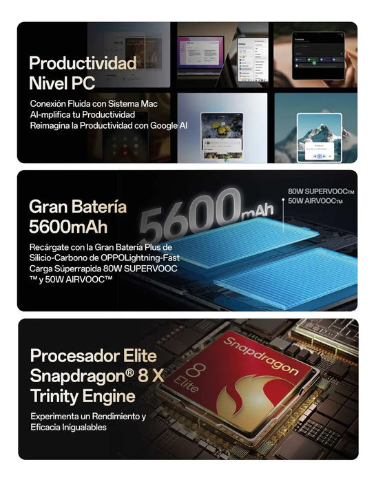 OPPO FIND N5 NEGRO 16GB + 512 GB PLEGABLE ULTRADELGADO TRIPLE CAMARA NEGRO GRADO A
