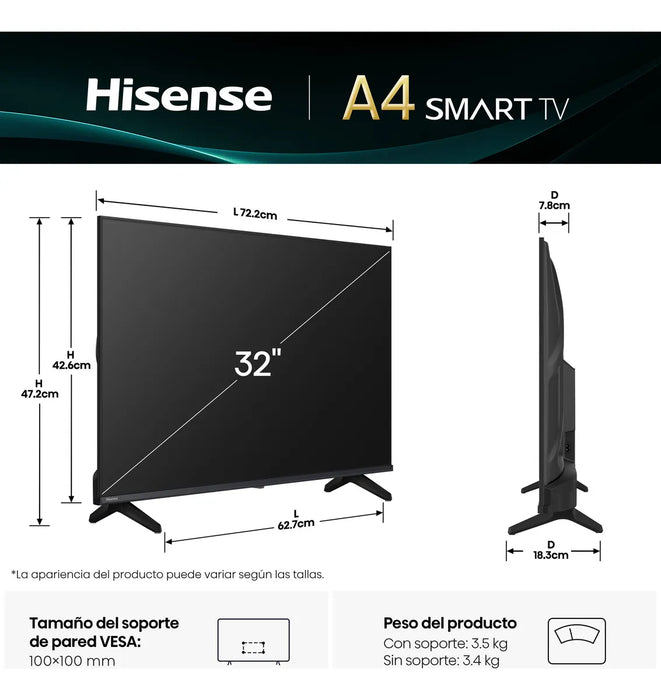 Hisense Television A4n(modelo 2025) Pantalla 32 Pulgadas, Smart Vidaa Tv Hd,modo De Juego,dolby Audio,comparte En Tu Tv,noise Reduction,mira Tv En Vivo Sin Cable GRADO B