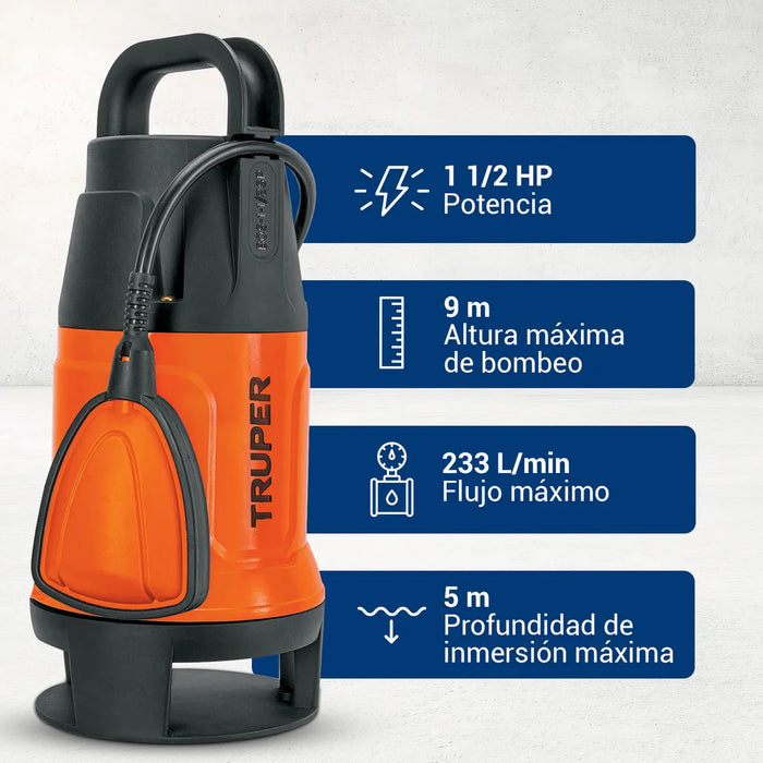 Truper BOS-1-1/2SP, Bomba sumergible plástica para agua sucia 1-1/2 HP GRADO B