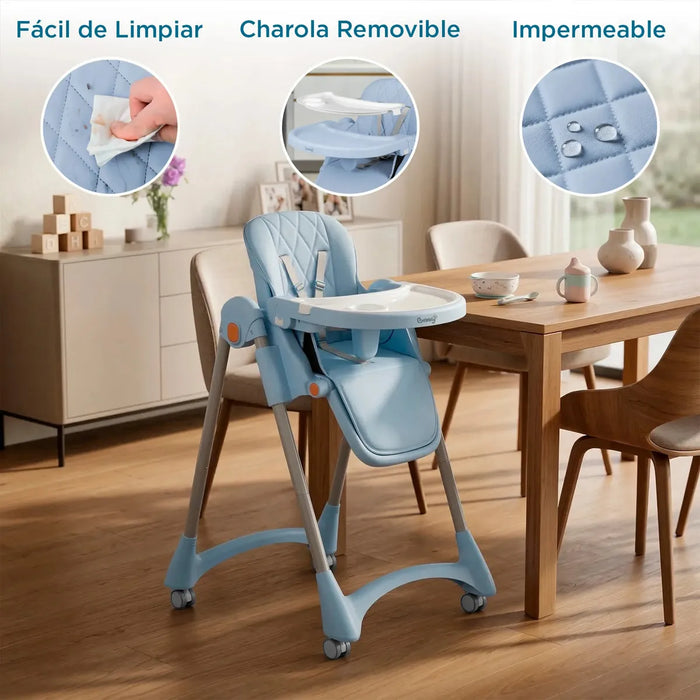 BEBBLY SILLA ALTA PARA BEBÉ PERIQUERA AJUSTABLE DE 6 MESES A 3 AÑOS, SEGURA, RECLINABLE, CON ARNÉS, BANDEJA DESMONTABLE, ERGONÓMICA, CON RUEDAS, FÁCIL DE LIMPIAR, GUARDAR SIN OCUPAR ESPACIO AZUL CLARO GRADO B