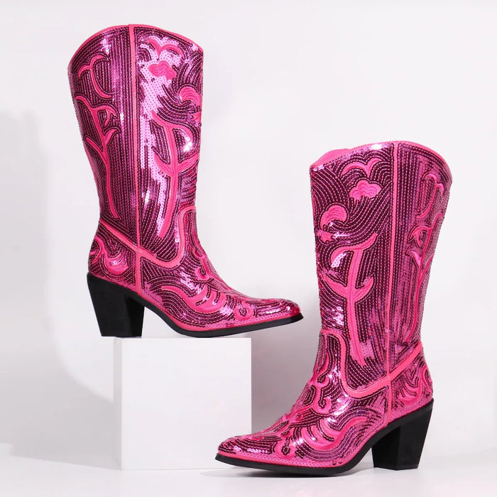 BOTAS ALTA VAQUERAS OESTE DAMA CON LENTEJUELAS PUNTA AFILADA 28 CM GRADO A