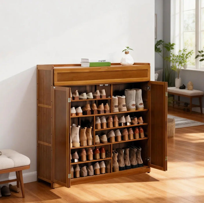 ZAPATERA MODERNA ORGANIZADOR ZAPATOS BAMBU 7NIVELES 4PUERTAS MARRÓN GRADO B