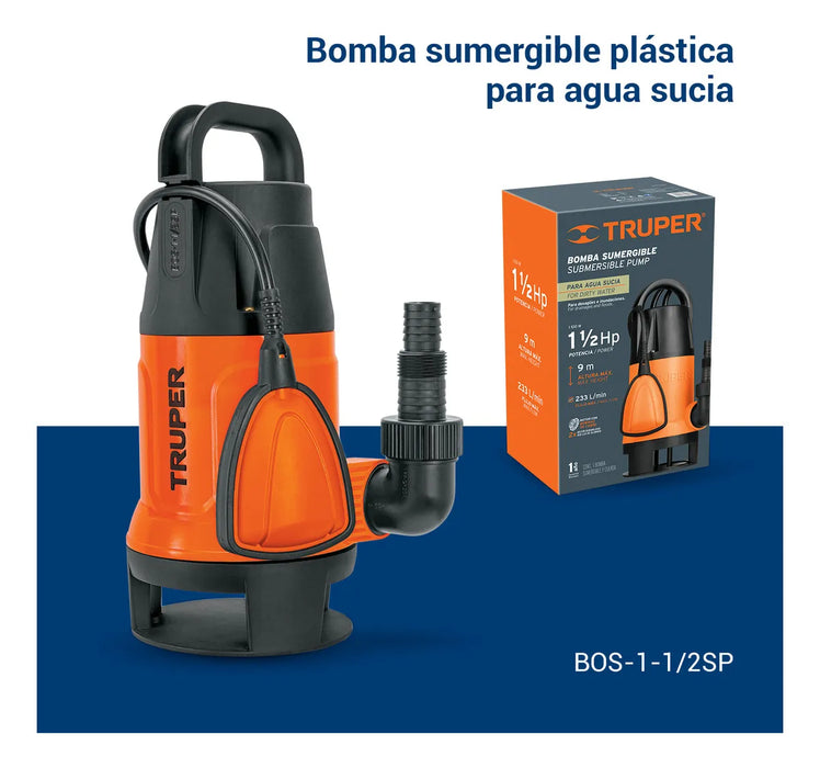 Truper BOS-1-1/2SP, Bomba sumergible plástica para agua sucia 1-1/2 HP GRADO B