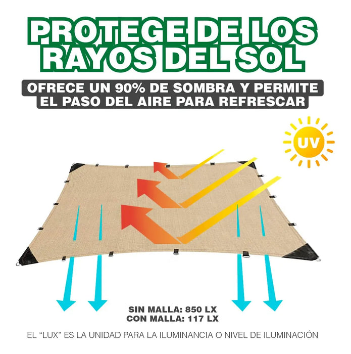MALLA SOMBRA 90% RASCHELL BEIGE DE 6MX2M REFORZADA GRADO B