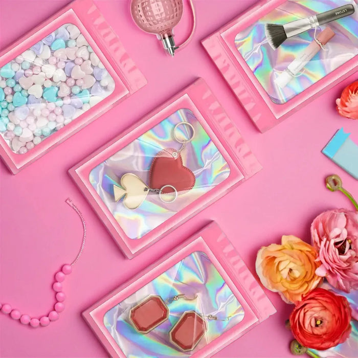 200 Bolsas Holográficas Rosas Plástico Resellables 10.5x15cm Color Rosa Grado A