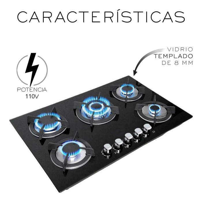 parrilla a gas premium 5 quemadores empotrable negra cristal templado color negro nube GRADO B