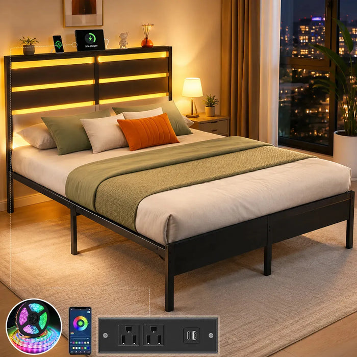 BASE DE CAMA MATRIMONIAL CON CABECERO DE MADERA, LUCES LED Y ESTACIÓN DE CARGA USB NEGRO GRADO B