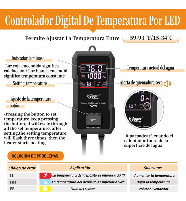 HYGGER CALENTADOR PARA PECERAS CON CONTROLADOR LED DIGITAL Y FUNCIÓN DE MEMORIA INTELIGENTE DEL SISTEMA DE CALEFACCIÓN DE PARADA AUTOMÁTICA POR SALIDA DE AGUA PARA AGUA DULCE Y SALADA 1000W GRADO B