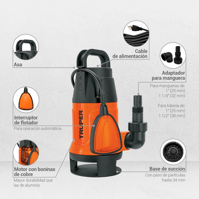 Truper BOS-1-1/2SP, Bomba sumergible plástica para agua sucia 1-1/2 HP GRADO B