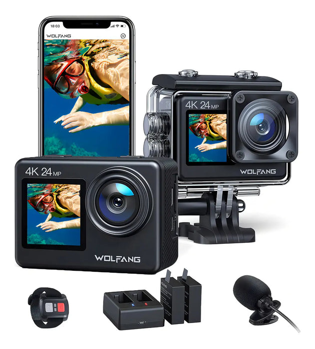 VIDEOCÁMARA WOLFANG CÁMARA DE ACCIÓN GA200 4K NEGRA EIS WIFI PANTALLA DUAL CON CARGADOR DE BATERÍ­A MANDO A DISTANCIA MICRÓFONO Y ACCESORIOS PARA CASCO NEGRO GRADO B
