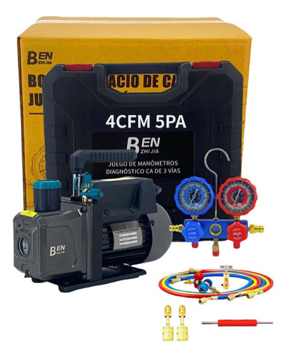 Bomba de Vacío 4 CFM 1/3 HP para Aire Acondicionado y Refrigeración | Kit con Manómetro R134a, R22, R410a, R404a GRADO B