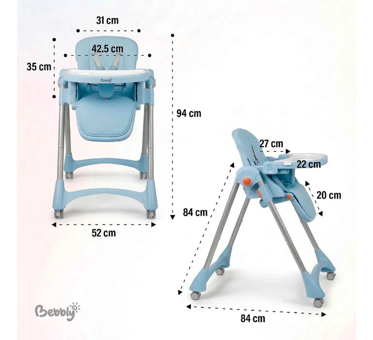 BEBBLY SILLA ALTA PARA BEBÉ PERIQUERA AJUSTABLE DE 6 MESES A 3 AÑOS, SEGURA, RECLINABLE, CON ARNÉS, BANDEJA DESMONTABLE, ERGONÓMICA, CON RUEDAS, FÁCIL DE LIMPIAR, GUARDAR SIN OCUPAR ESPACIO AZUL CLARO GRADO B