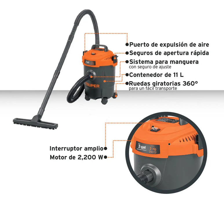 ASPIRADORA TRUPER SECO MOJADO 3 GAL 3 HP 60 HZ FILTRO HEPA GRADO B