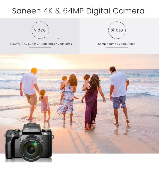 CÁMARA DIGITAL 4K 64MP TÁCTIL WIFI DOBLE LENTE 16X GRADO A