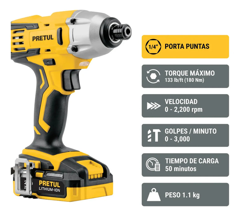 COMBO ROTOMARTILLO/DESTORNILLADOR + DESTORNILLADOR DE IMPACTO, 20V PRETUL COMBO-20P AMARILLO
