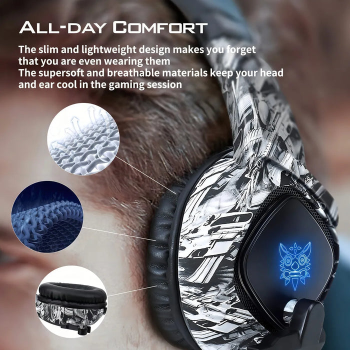 Audifonos Gamer Onikuma K19 Camuflaje Gris Con Luz Rgb Led GRADO B