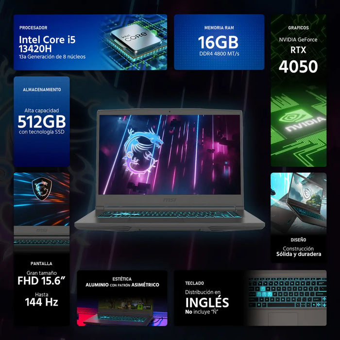 LAPTOP GAMING MSI THIN 15.6 CI5 16GB 512GB GEFORCE RTX4050 GRIS GRADO A