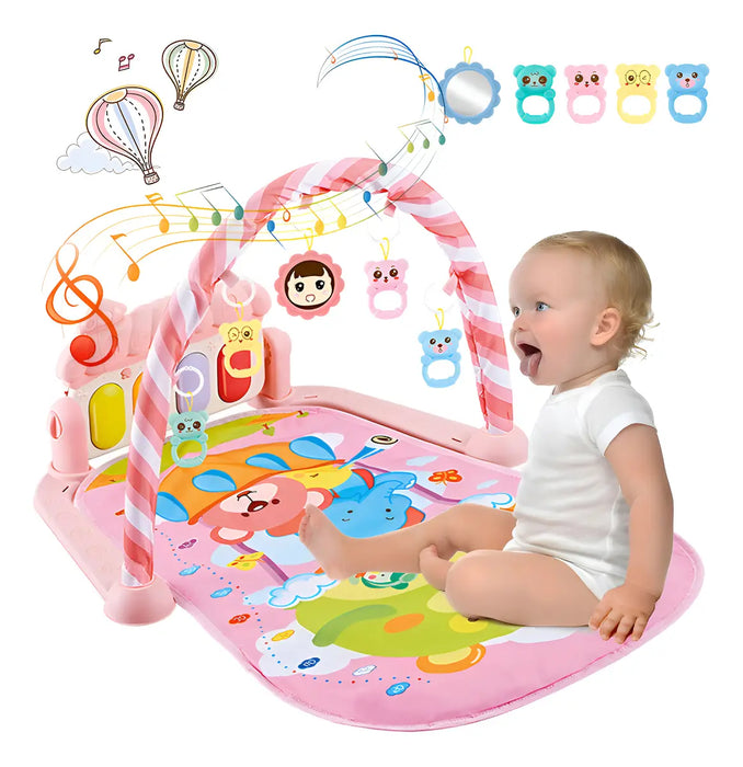LICTIN GIMNASIO ACOLCHADO TAPETE BEBE ALFOMBRA INFANTIL CON PIANOY MUSICA,TAPETE DE JUEGO PARA BEBÉS DE 0-6 MESES,COJÍ­N MÁS GRUESO, MÁS SUAVE Y CÓMODO,TAPETE DE JUEGO CON 5 JUGUETES ACOPLABLES,ROSA GRADO B