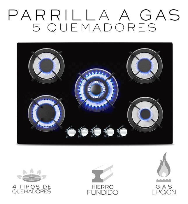 parrilla a gas premium 5 quemadores empotrable negra cristal templado color negro nube GRADO B