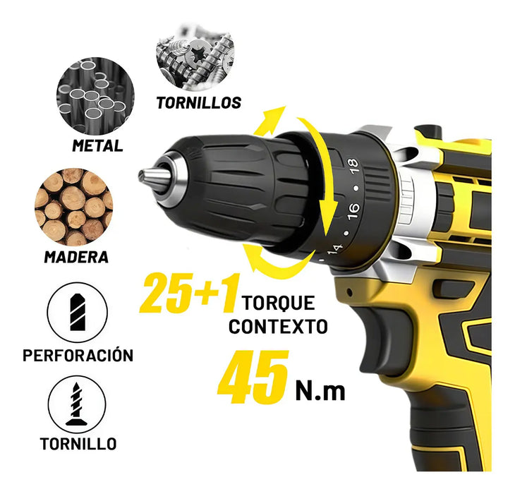 TALADRO ATORNILLADOR PERCUTOR INALÁMBRICO JUHOE M93 21V 2 BATERÍ­AS LI-ION SIN ESCOBILLAS MANDRIL 10MM AMARILLO 60HZ GRADO B