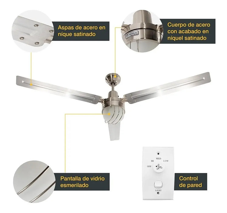 VENTILADOR DE TECHO INDUSTRIAL PLATA 54 ACERO 60W 1 LUZ CANTIDAD DE ASPAS 3 COLOR DE LA ESTRUCTURA PLATEADO COLOR DE LAS ASPAS PLATEADO DIÃ¡METRO 54 GRADO B