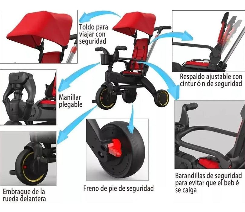 .TRICICLO TIPO CARREOLA PLEGABLE PORTATIL RECLINABLE 4 EN 1 ROJO TOHIFER GRADO B