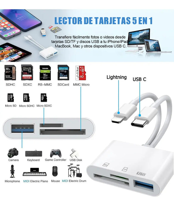 ADAPTADOR SD LECTOR DE TARJETAS SD LECTOR DE TARJETAS DE MEMORIA 5 EN 1, ADAPTADOR OTG USB LECTOR DE TARJETAS SD PARA CELULAR PARA IPHONE/IPAD/XIAOMI COMPUTADORA BLANCO JEEYEE  |   GRADO B