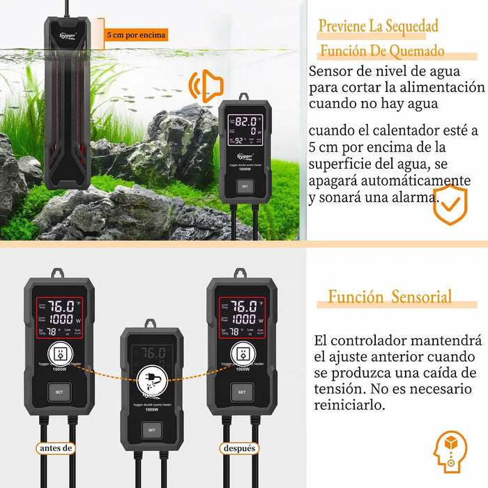 HYGGER CALENTADOR PARA PECERAS CON CONTROLADOR LED DIGITAL Y FUNCIÓN DE MEMORIA INTELIGENTE DEL SISTEMA DE CALEFACCIÓN DE PARADA AUTOMÁTICA POR SALIDA DE AGUA PARA AGUA DULCE Y SALADA 1000W GRADO B