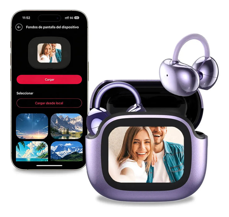 AUDIFONOS NE32 AI TRADUCTORES AURICULARES INALÁMBRICOS CON SMART DISPLAY TOCABLE BLUETOOTH 6.0 IPX5 OREJA DE CLIP PAPEL TAPIZ PERSONALIZADO VIOLETA GRADO B