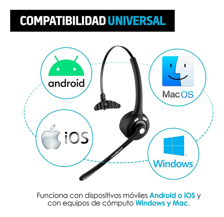 Redlemon Diadema Con Microfono Bluetooth Tipo Call Center, Bateri­a Recargable De Larga Duracion. Manos Libres Compatible Con Android, Ios, Pc Y Mac, Para Atencion A Clientes, Gaming, Videoconferencias GRADO B