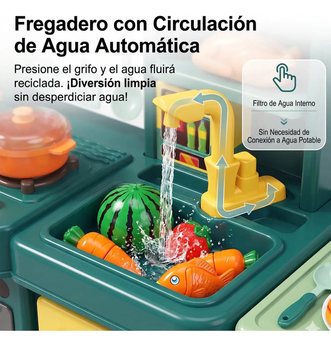 COCINA JUGUETE PARA NIÑOS 73 PIEZAS LUZ SONIDO Y AGUA 95CM COLOR VERDE GRADO B