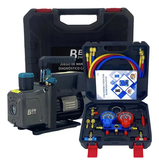 Bomba de Vacío 4 CFM 1/3 HP para Aire Acondicionado y Refrigeración | Kit con Manómetro R134a, R22, R410a, R404a GRADO B