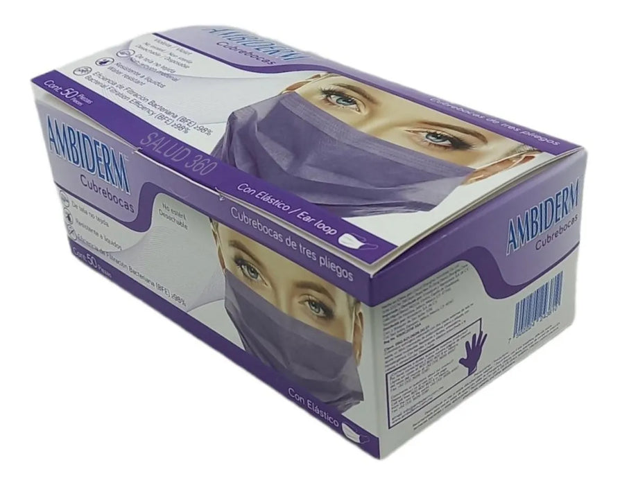 CUBREBOCAS TRES PLIEGOS INFANTIL ELASTICO VIOLETA CAJA CON 50 PZAS GRADO B