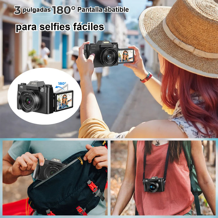 Cámara Digital Wifi Autofocus 4k Aorzoo 75MP Negro Con Pantalla Rotación 180°+tarjeta Sd 2 Pilas GRADO B