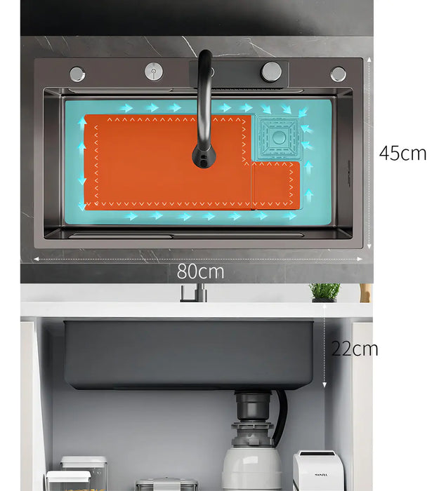 FREGADERO DE COCINA DE ACERO INOXIDABLE CON ACCESORIOS 80X45 SUPERFICIE CEPILLADA CON PRECISIÓN BOKOPTYR ESQUINAS REDONDEADAS PARA EVITAR GOLPES RESISTENTE AL ACEITE Y A LAS MANCHAS GRIS OSCURO GRADO B