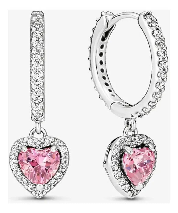 ARETES DE PLATA 925 MUJER CORAZÓN ROSA ELEGANTES COLGANTES GRADO B