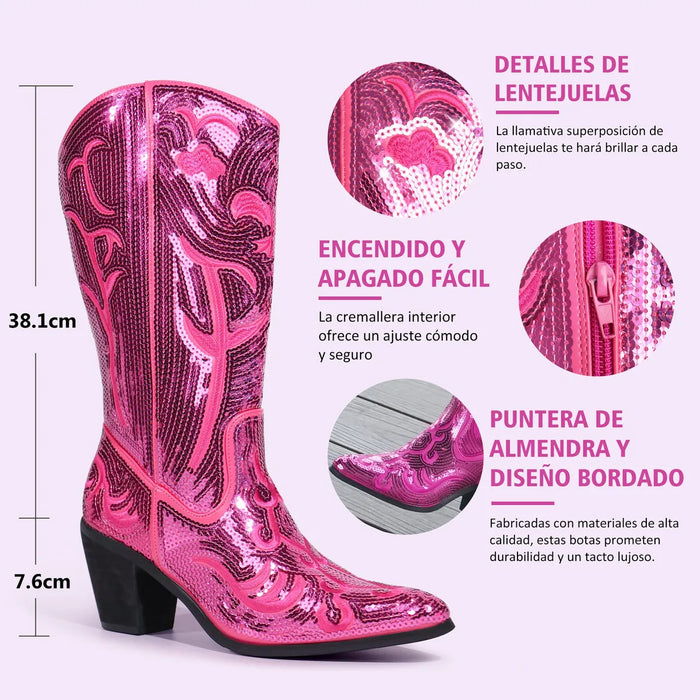 BOTAS ALTA VAQUERAS OESTE DAMA CON LENTEJUELAS PUNTA AFILADA 28 CM GRADO A