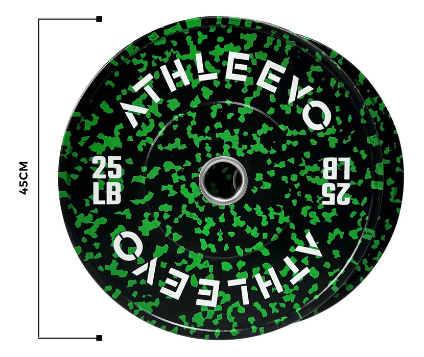 ATHLEEVO PAR DISCOS BUMPER 25 LB 2 PZ CROSSFIT GYM OLIMPICOS COLOR VERDE GRADO B