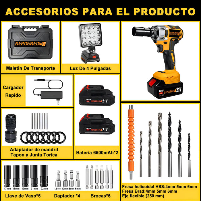 LLAVE DE IMPACTO INALÍ¡MBRICO 600W,LLAVE DE IMPACTO ELÉCTRICA CON LUZ DE TRABAJO INTEGRADA DE 16 LED,PISTOLA DE IMPACTO PARA REPARACIONES DOMÉSTICAS Y DEL AUTOMÓVIL AMARILLO GRADO B