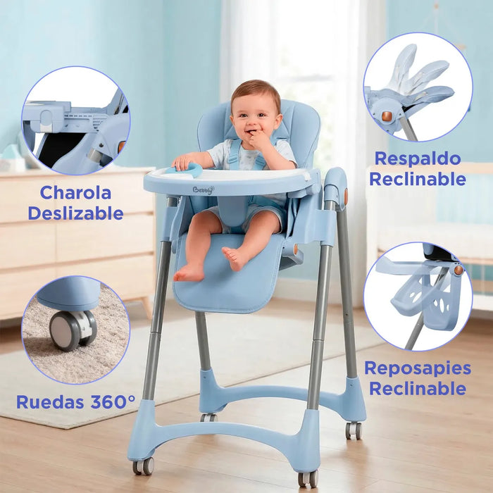 BEBBLY SILLA ALTA PARA BEBÉ PERIQUERA AJUSTABLE DE 6 MESES A 3 AÑOS, SEGURA, RECLINABLE, CON ARNÉS, BANDEJA DESMONTABLE, ERGONÓMICA, CON RUEDAS, FÁCIL DE LIMPIAR, GUARDAR SIN OCUPAR ESPACIO AZUL CLARO GRADO B
