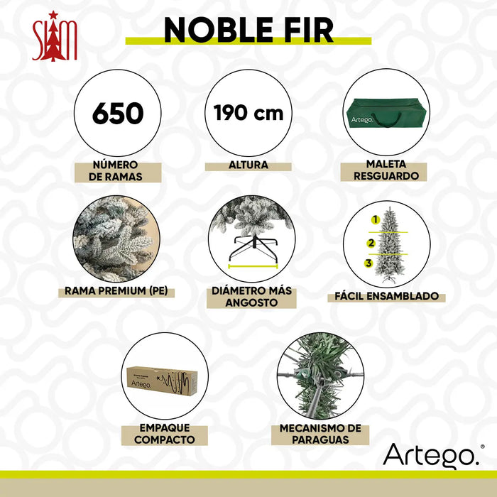 ARBOL DE NAVIDAD NEVADO PINE SLIM TIPO LÁPIZ MODELO NOBLE RAMAS PREMIUM MATERIAL POLIETILENO (PE) PINO NAVIDEÑO 190 CM DE ALTO + MALETA TRANSPORTADORA CHRISTMAS TREE ARTEGO VERDE NEVADO GRADO B