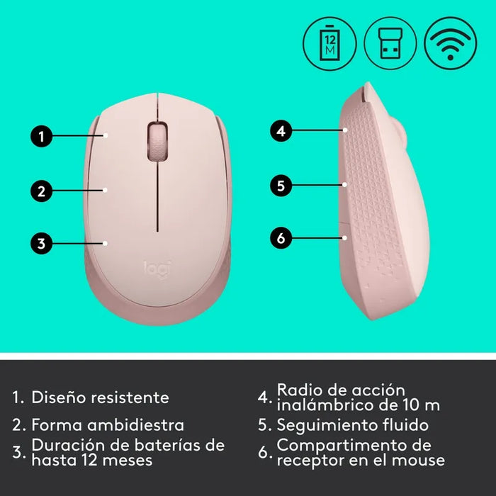 mouse logitech m170- 910-006862 inalámbrico óptico color rosa Grado B