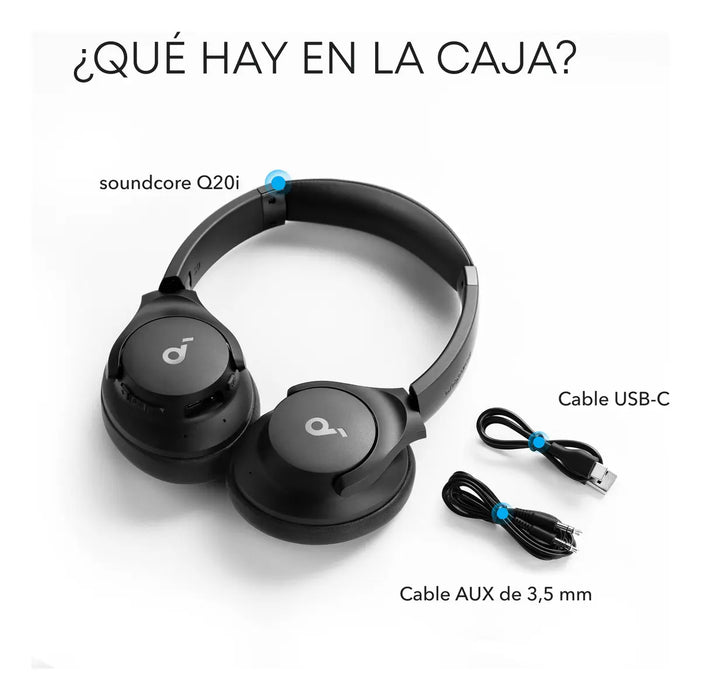AUDÍ­FONOS BLUETOOTH SOUNDCORE BY ANKER Q20I CANCELACIÓN DE RUIDO OVER EAR, SONIDO HI-RES CERTIFICACIÓN, 50 HORAS DE CALIDAD DE SONIDO SIN PÉRDIDA, SOPORTE DE CARGA RÁPIDA, BLUETOOTH 5.3 AZUL GRADO B