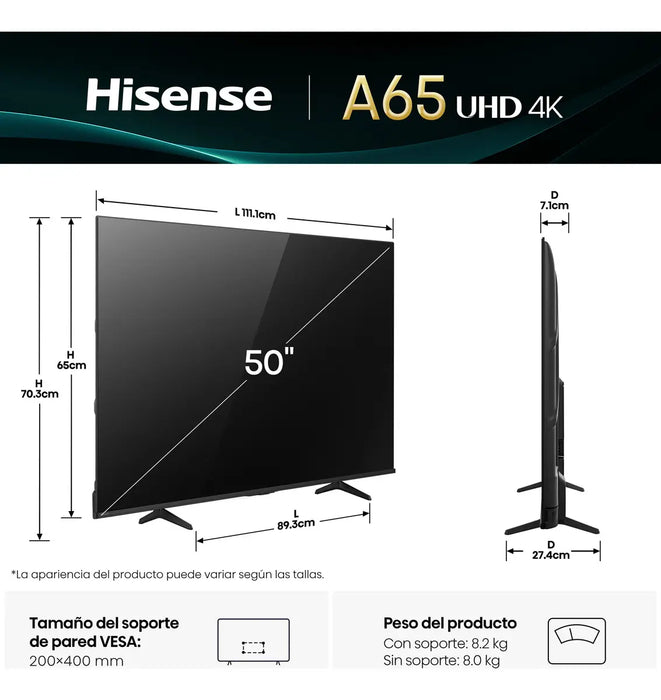Hisense Smart TV 50" LED 4K | Serie A65NV | Sistema VIDAA | Resolución Ultra HD | Grado B ✨