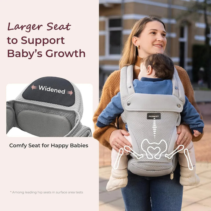 MOMCOZY PORTABEBÉS CON ASIENTO DE CADERA 2 EN 1 - PARA BEBÉS ACTIVOS - CARGA FRONTAL, AJUSTABLE Y ERGONÓMICO CANGURERA PARA BEBÉ MOCHILA, HC002, TELA TRANSPIRABLE GRIS GRADO A