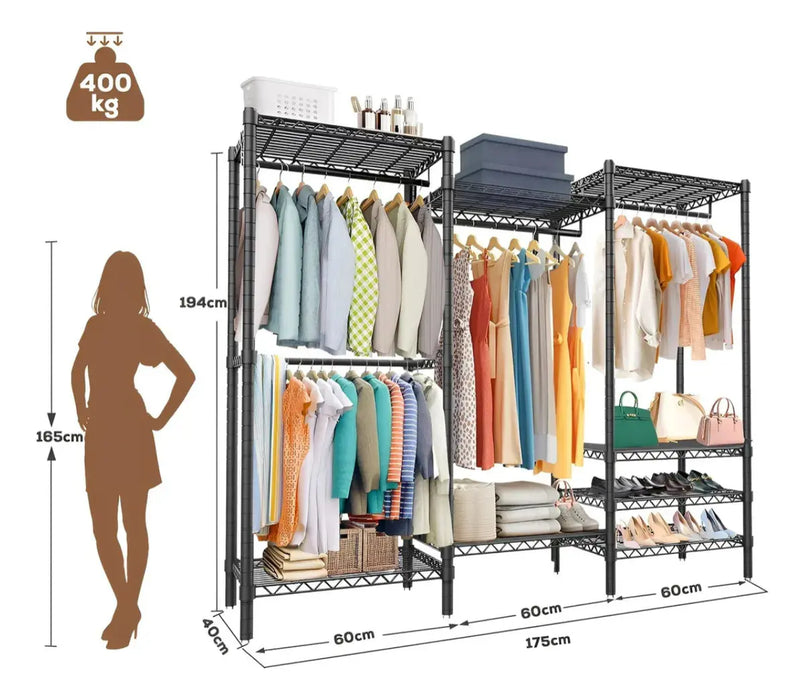 190CM PERCHERO RACK CLOSET ORGANIZADOR ARMARIO PORTATIL ZAPATERO COLOR NEGRO ALISPUS GRADO B