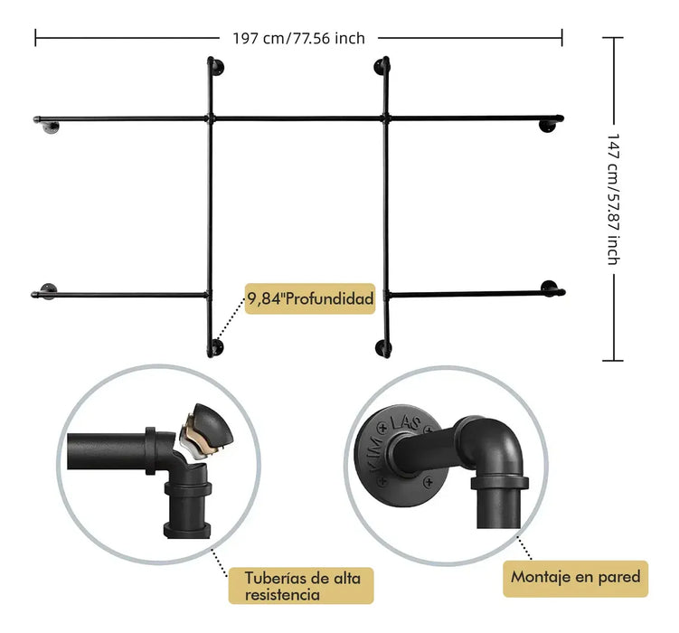 PERCHEROS DE ROPA INDUSTRIALES, PERCHEROS PARA COLGAR EN LA PARED, CON CUATRO VARILLAS PARA COLGAR, ESTANTES DE ROPA RESISTENTES, ORGANIZADOR DE CLÓSET STEAMPUNK INDUSTRIAL. GRADO B